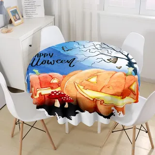 Hiseng Runde Tischdecke Halloween Bedruckte Tischdecke, Wasserdicht Antifouling Tischtuch aus Polyester, Outdoor Garten Küche Multifunktionale Tischdecke (150cm,Aquarell Kürbis)