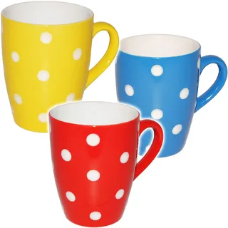 alles-meine.de GmbH 3 Stück Henkeltassen/Kaffeetassen - Punkte - rot/gelb/blau & weiß - groß - 300 ml - Porzellan/Keramik - Teetasse - Trinktasse mit Henkel - Mikrowell..
