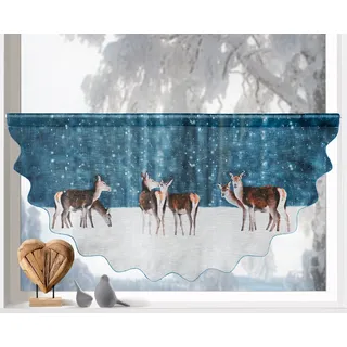 heimtexland Scheibengardine Weihnachten Fensterdeko Gardine Weihnachtsgardine (1 St), Stangendurchzug, halbtransparent, Leinen-Optik, 45x90 cm I durchscheinend I bedruckt I Winter Rehe bunt