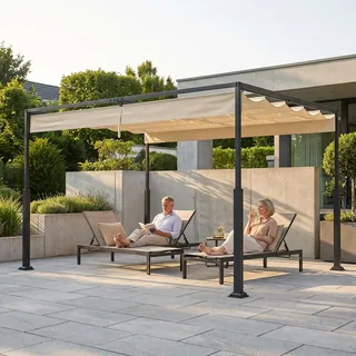 UISEBRT 3x4 m Metall Pergola wasserdicht stabil Winterfest,Pavillon mit lamellendach,Sonnenschutz überdachung freistehend mit Schiebedach für Gärten und Terrassen,Beige