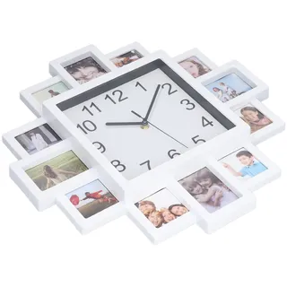 Keenso Fotoram Wanduhr Persönliche Multi Foto Diy Uhr für Wohnkultur Schlafzimmer Wohnzimmer Büro, AB Material 15.35in Weiß Bild Rahmen Wand