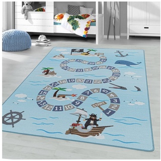 Kinderteppich, Homtex, 140 x 200 cm, Kinderteppich Spielteppich Hüpfkästchen Meer, Seemann Piraten, Schiff blau 140 x 200 cm
