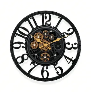 IvoQ Industrielle Wanduhr mit drehenden Zahnrädern - Schwarz & Gold - Robuste Wanduhr - 40 cm
