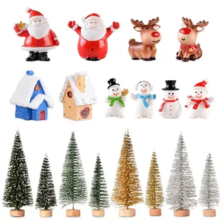 18 Stück Weihnachten Miniatur Ornamente Weihnachtsfiguren Weihnachtsmann Schneeflocken Schneemann Rentier Weihnachtsbaum Mini Weihnachten Deko für Garten Party Tisch Schneekugeln Puppenhaus Landschaft