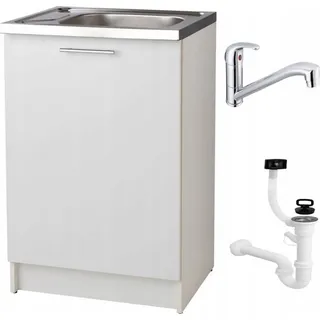 STAMAR Spülenschrank Küchenschrank 60cm Weiß Spüle 60x50 Armatur Chrom Drehbar Set Kompakt Standschrank 50cm Tiefe Siphon Geschirrspüler Komplett Montagefertig weiß