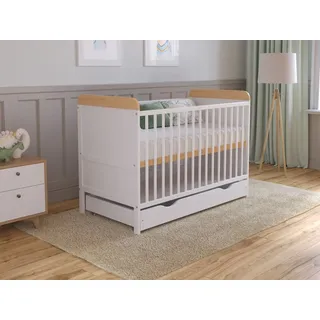 Babybett Beistellbett 120x60 cm mit Schublade & Matratze - Kinderbett Gitterbett Baby Bett Holz Weiß-Kiefer,Umwandelbar in Juniorbett