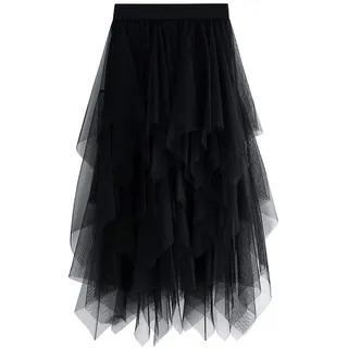 WangsCanis Damen Tüllrock Elastische Taille Unterrock Ballettrock Faltenrock Maxirock Sheer Tutu Tüll Rock, Einheitsgröße, Schwarz Knielänge - Einheitsgröße