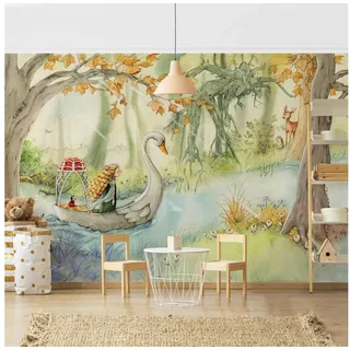 Bilderdepot24 Kindertapete Kinderzimmer Lilia - Im Schwanenboot Kinder Wanddeko Wald Waldtiere, Glatt, Matt, (Vliestapete inkl. Kleister oder selbstklebend), Mädchenzimmer Jungenzimmer Babyzimmer Bildtapete Fototapete Wandtapete bunt 3.36 m x 2.25 m