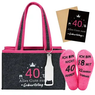 Rilcn 40 Geburtstag Frauen Geschenkset, Lustige Socken & Wiederverwendbare Tragetasche, Geschenk 40. Geburtstag Frau, Mädelsabend, Party, Geschenkideen für Freundinnen - 24*14*15cm