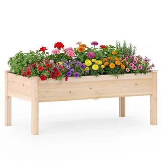 FANTASK Hochbeet Holz, 122 x 62 x 48 cm, Blumenbett it Ablauflöchern, rechteckig Kräuterbeet bis 130 kg, Anzuchtbeet für Kinder, Pflanzkasten für Garten, Balkon, Terrasse, Natur (2)