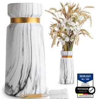 Acolyne® Vase für Pampasgras aus Hochwertiger Keramik [MIT REINIGUNGSSCHWAMM & EBOOK] als Moderne Blumenvase in Weiß-Gold Bodenvase Groß in Marmor-Optik