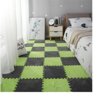 30 X 30 cm Große Plüsch-Puzzle-Schaum-Bodenmatte, 12 Ineinandergreifende Teppichfliesen, Puzzle-Teppich, Weiche Schaumstoff-Spielmatten Für Schlafzimmer Und Spielzimmer(Color:Hellgrau+Grün)