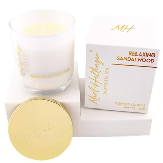 Hallingers Genuss Manufaktur Duftkerze Geschenk - 40h Raumduft Sojawachs-Kerze im Glas Edition Maxl Hallinger in Geschenkbox "Relaxing Sandalwood" Sandelholz, Geschenkidee für sie & ihn