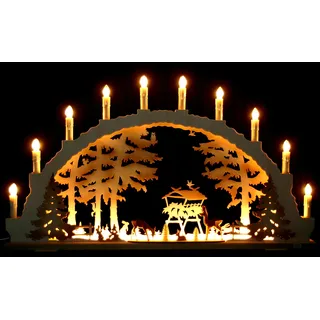 Großer Schwibbogen 70cm x 40cm mit 10 Kerzen und LED Vorbeleuchtung - Wildfütterung - Rehe geschnitzt - Handarbeit aus dem Erzgebirge - Schwibbogen für Weihnachten