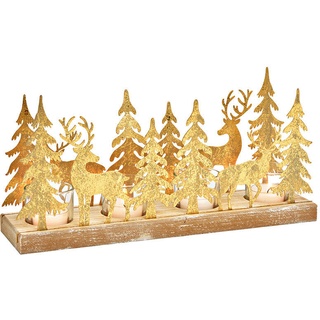 Adventsgesteck, Teelichthalter Hirsch Winterwald aus Holz/Metall/Glas Gold