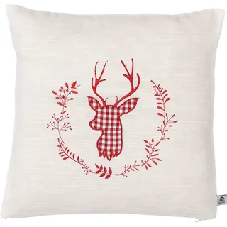 myZirbe Zirbenkissen beige Bestickt mit Hirsch Größe 40x40 cm befüllt mit Zirbenflocken aus Zirbenholz (rot)