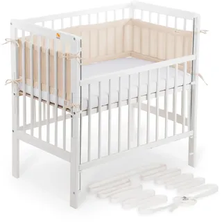 FabiMax Boxspring Baby Beistellbett Flex 90x55, TÜV geprüft, aus Buchenholz weiß lackiert, mit innovativem verstellbarem Seitengitter, passend für Boxspringbetten (Matratze Comfort, Beige)