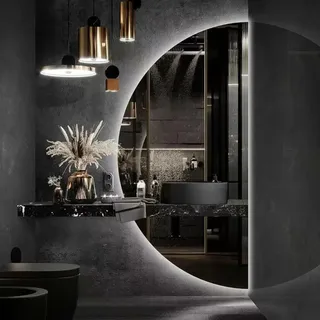 40X60CM|40X80CM|50X100CM Halbrunder Badezimmerspiegel, LED Beleuchteter Spiegel, Wandmontierter Schminkspiegel, 3-Farben Dimmbares LED Licht, Wandspiegel Mit Touch(Size:50x100cm,Color:Rechter Schnitt)