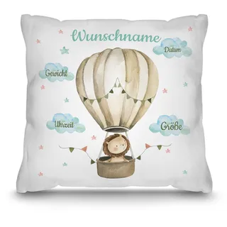 Print Royal PR Personalisiertes Kissen zur Geburt - Löwe im Heißluftballon - Geschenk zur Geburt mit Name und Geburtsdaten Personalisieren | 40 x 40 cm, Weiß