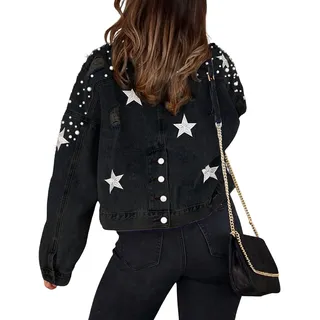 Vagbalena Übergroße Jeansjacke mit Perlen für Damen langärmlig verzierte Jeansjacke mit Sternen bestickte Sterne geprägte Perlen-Jeansjacke (Schwarz,XL) - XL