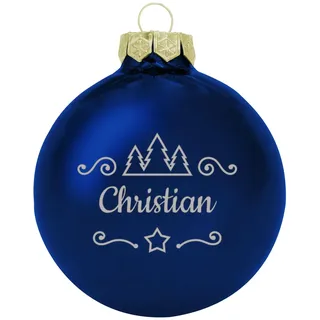 Deitert Weihnachtskugel mit Namen oder Wunschtext graviert, Ø 8cm, personalisierte Christbaumkugel aus Glas (glänzend), individueller Weihnachtsbaumschmuck mit Gravur, Tannen-Motiv, Blau