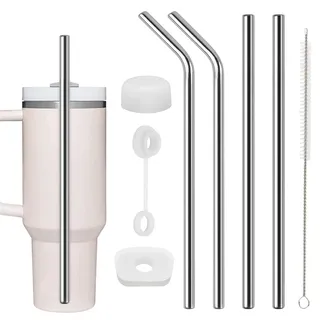 4 Stück Strohhalm für Stanley Cup, 304 Edelstahl Lange Strohhalme, 30cm | Wiederverwendbar Trinkhalme, mit Reinigungsbürsten und Silikon Stopfen, für 30/40 Unzen Becher, Glas und Stanley Cup Zubehör