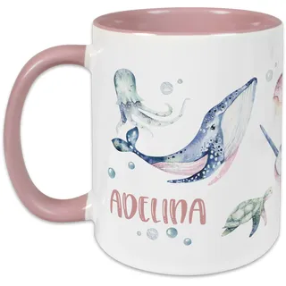 GRAZDesign Kindertasse mit Namen, Tasse Kinder Mädchen, personalisierte Trinkbecher Kindergeschirr Kinder Becher Rosa, Keramik BPA-frei, 330ml Motiv Wal Fische Seepferd