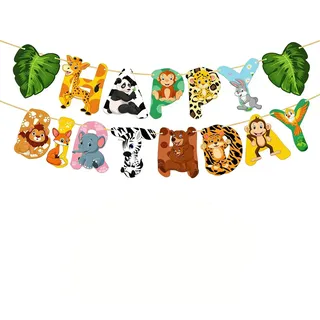 Happy Birthday Girlande Dschungel Tiere, Geburtstags Deko Banner für Kinder, Tierischer Dschungelparty Deko für Kindergeburtstag, Baby Shower & Mottoparty Zubehör, Girlande Geburtstag