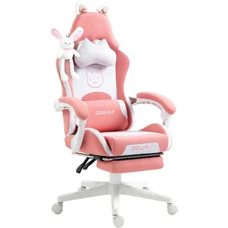 Dowinx Gaming Stuhl,Gamer Chair,PU-Leder Sessel mit Katzenohren und Hase-Anhänger,Ergonomischer Gamingstuhl,150KG Tragkraft PC Stuhl,Verstellbar Fußstütze Armlehnen Rückenlehne,Hase-Rosa