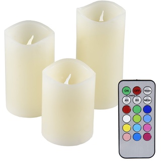 IOIO - 3er Set LED Echtwachskerzen | LED Kerzen mit Fernbedienung & verschiedenen Farben | LED Kerzen flackernde Flamme | Echtwachskerzen mit Timerfunktion | LED Kerzen Echtwachs