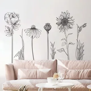 Supzone Wandtattoo Schwarze Blume Wandaufkleber Einfache Minimalistische Sonnenblume Wandsticker für Wohnzimmer Schlafzimmer Sofa TV Hintergrund Wanddeko