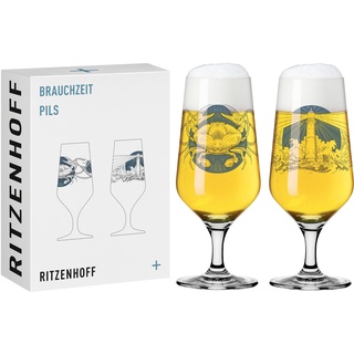 RITZENHOFF 3471004 Bierglas 300 ml – 2er Set – Serie Brauchzeit, Set Nr. 4 – Motiv Meer, Grau und Blau