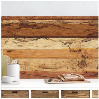 Bilderdepot24 Küchenrückwand braun dekor Holzoptik Shabby Muster Landhaus Woody Flamed, (1-tlg., Nischenrückwand - für Fliesenspiegel ohne Bohren - matt), Spritzschutz Rückwand Küche Herd - Folie selbstklebend versch. Größen beige|braun 100 cm x 70 cm