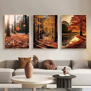 TROYSINC 3er Herbst Poster Set, Herbst Wald, Ahornblatt Bilder Set, Wandbilder Wohnzimmer Natur Herbst Wanddeko für Schlafzimmer Flur,Ohne Rahmen (30x40cm)