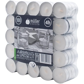 Müller - Teelichter - Packung mit 100 Stück - 4 Stunden Brenndauer - Weiß - Unparfümiertes Wachs – Tropffrei