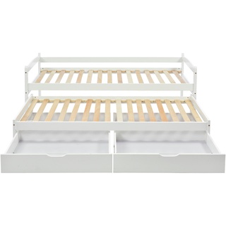 Merax Tagesbett Einzel- und Doppelbett Holzbett mit Schiebebett Ausziehbett & 2 Schubladen & Lattenrost Weiß