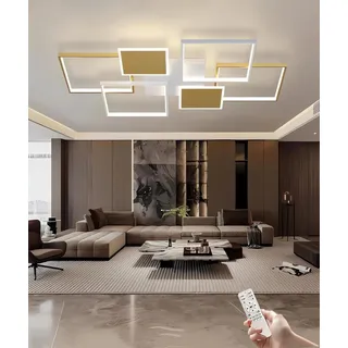 JINGKER LED-Deckenleuchte Modernes Wohnzimmer Quadratische Deckenleuchte, Dimmbare Schlafzimmer Deckenlampe mit Fernbedienung Deckeneinbauleuchte für Wohnzimmer Schlafzimmer Büro (Gold+Weiß, L90CM)