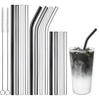 ecooe 12er Glasstrohalme Wiederverwendbar Trinkhalme Glasröhrchen BPA-frei, 4 Lange+4 Kurz geraden Strohhalme und 4 Gebogenem Cocktail Strohhalme mit 2 Reinigungsbürsten, für Säfte Smoothie und Milch