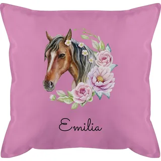 Kissen 50x50 - Pferd Pferde - Wunschname Pferdekopf Name I Pferdemotiv I Geschenk Pferdemädchen - 50 x 50 cm - Pink - kinderkissen pferdekissen Reiter Horse schmusekissen Baumwolle personalisierte