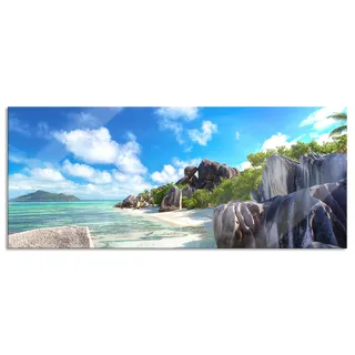 Pixxprint Glasbild Panorama, Wandbild aus Echtglas, Seychellen Strand, 120x50 cm, inkl. Aufhängung und Abstandshalter