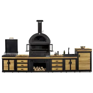 JV Möbel Moderne Außenküche aus Holz und Edelstahl in Schwarz,