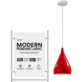 LEDSone E27 Pendelleuchte, moderne tropfenförmige Lampe, hängende Deckenleuchte aus Metall, Pendelleuchte, 16 cm breit, Lampe 95 cm, Textilkabel, verstellbar, für Schlafzimmer, Esszimmer (Rot) (Rot)