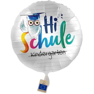Folienballon Hi Schule – Einschulung Ballon mit Eule | Schulanfang-Ballon mit Eule, Doktorhut & „Kindergarten“ durchgestrichen, Geschenk zur Einschulung, 1. Klasse & Fotoecke