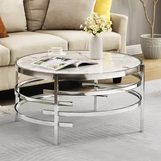 LifeSky Runder Couchtisch aus gesintertem Stein, 81,3 cm, runder Couchtisch mit Metallrahmen, moderner runder Couchtisch für Wohnzimmer, Silber
