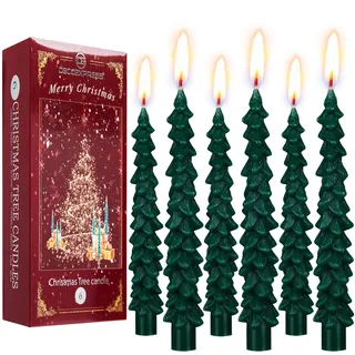 Deco Express Kerzen Set Weihnachten Deko 3er oder 6er Pack Wachs Deko Kerzen im Weihnachtsbaum Motiv 7h Brenndauer Ideal Zum Verschenken (Grün, 6 Stück)