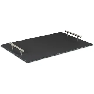 levandeo Serviertablett aus Schiefer, rechteckige Servierplatte 40 x 30 cm mit Metallgriffen, handgeschlagene Bruchkante, anthrazit, rutschfeste Noppen unten, robustes Tablett für Snacks, Fingerfood, Tischdeko