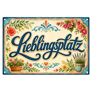 Blechschild 20x30cm Lieblingsplatz mit Blumen Retro Vintage Metallschild Gartendeko AstraDesign