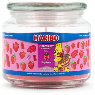Haribo Duftkerze im Glas mit Deckel | Strawberry Happiness (300g) | Duftkerze Fruchtig | Kerze lange Brenndauer bis 60h | Kerzen Rot | Geschenkidee für Frauen, Geburtstag