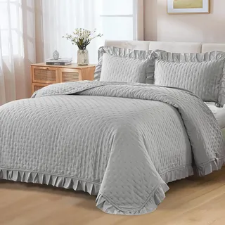 WONGS BEDDING Tagesdecke 220x240 Bettüberwurf Grau Decke Steppdecke 3 Teilig Doppelbett Gesteppt Bettdecke Vielseitige Wohndecke mit 2 Kissenbezug 50x75 für Schlafzimmer als Sofaüberwurf