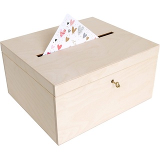 Creative Deco Aufbewahrungsbox Holzkiste Kartenbox Hochzeit 29x25x15 cm Holzbox mit Schlitz, Schloss und Schlüssel beige